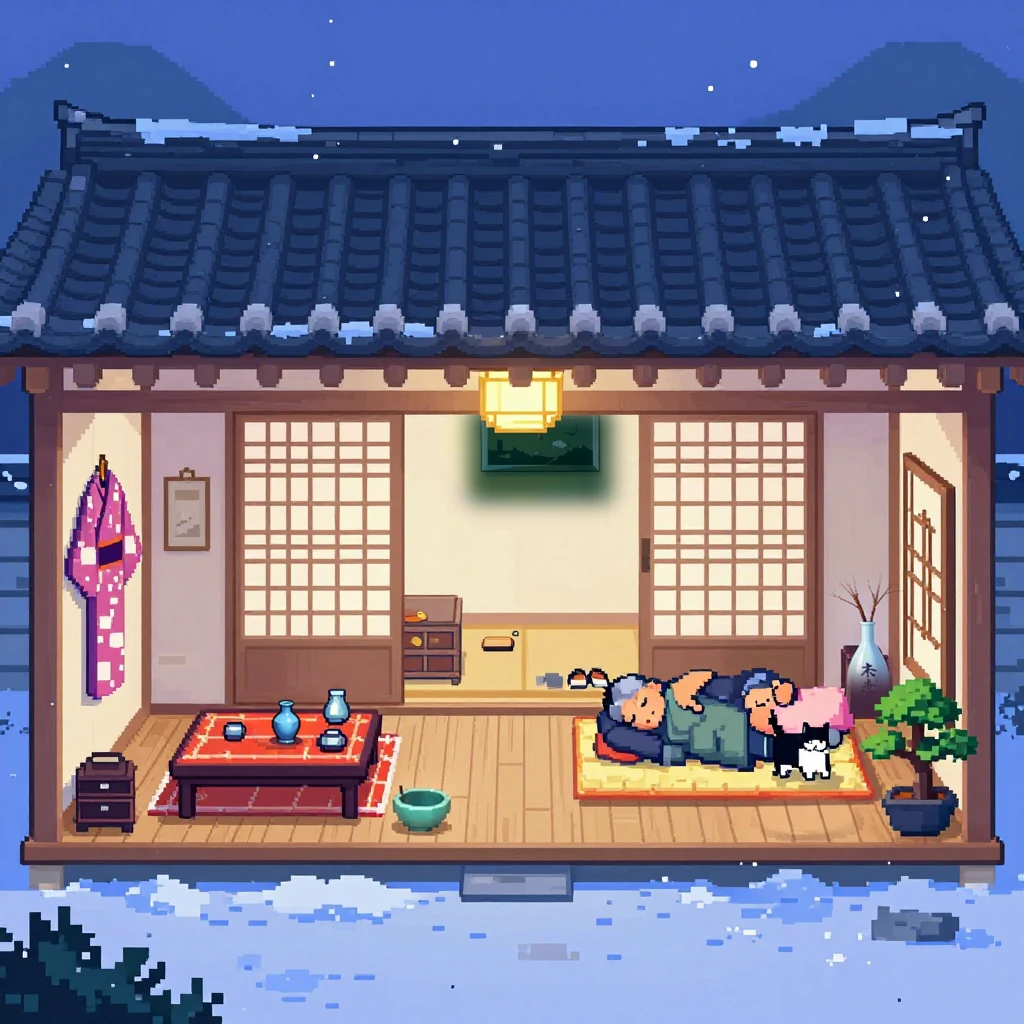 Image B of the puzzle: A hanok anbang in 1990s Seoul where two old friends nap, a snowy evening blue dusk with a few warm windows, a cat interrupts their nap