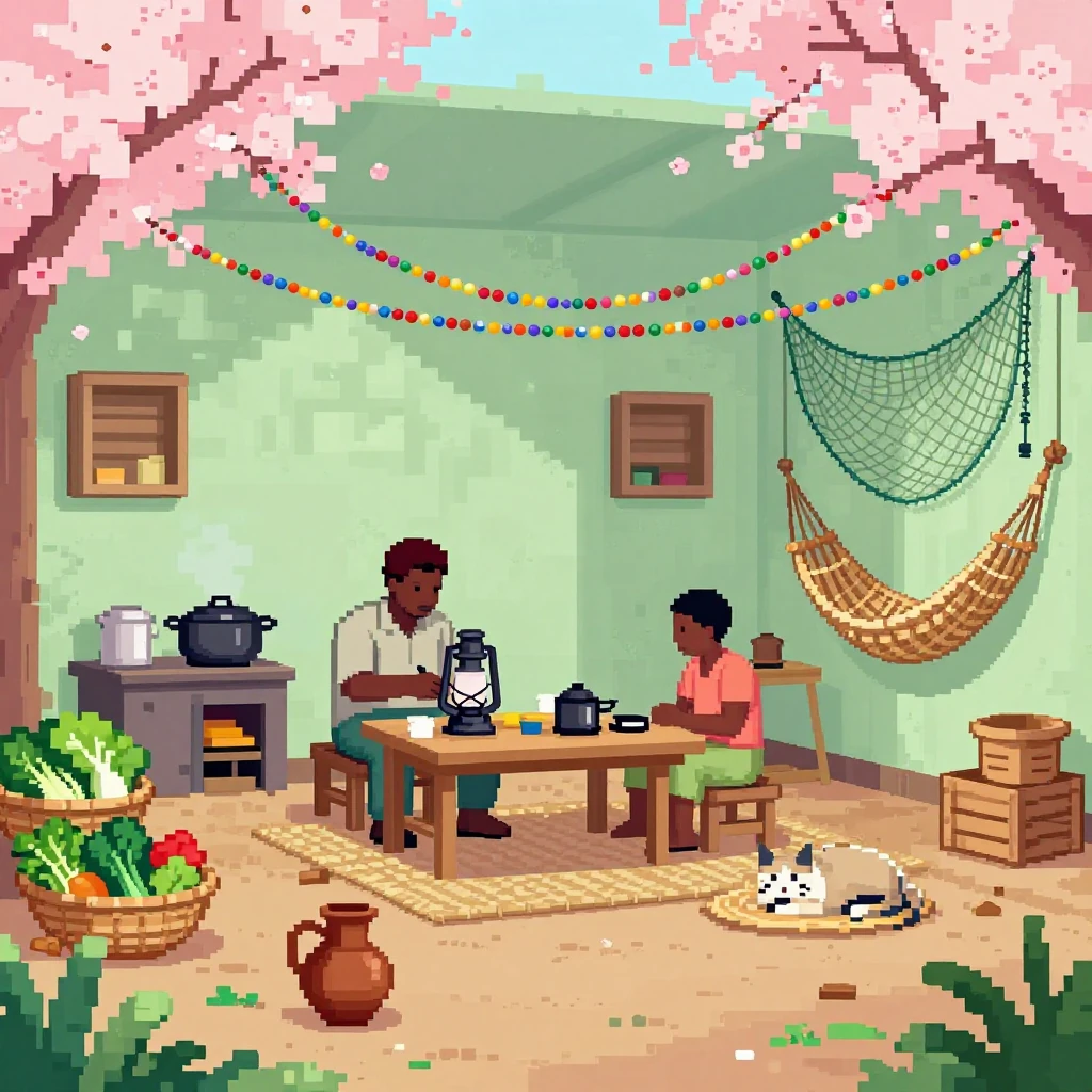 A Kenyan market town river barge cabin where a shopkeeper and a regular customer cozy repair a lantern on a breezy spring afternoon, pastel greens and blossom pinks