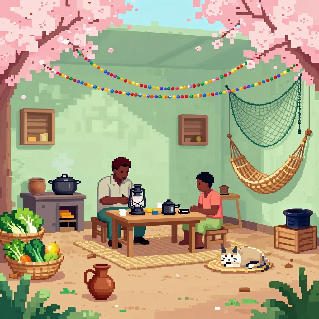 Image B of the puzzle: A Kenyan market town river barge cabin where a shopkeeper and a regular customer cozy repair a lantern on a breezy spring afternoon, pastel greens and blossom pinks