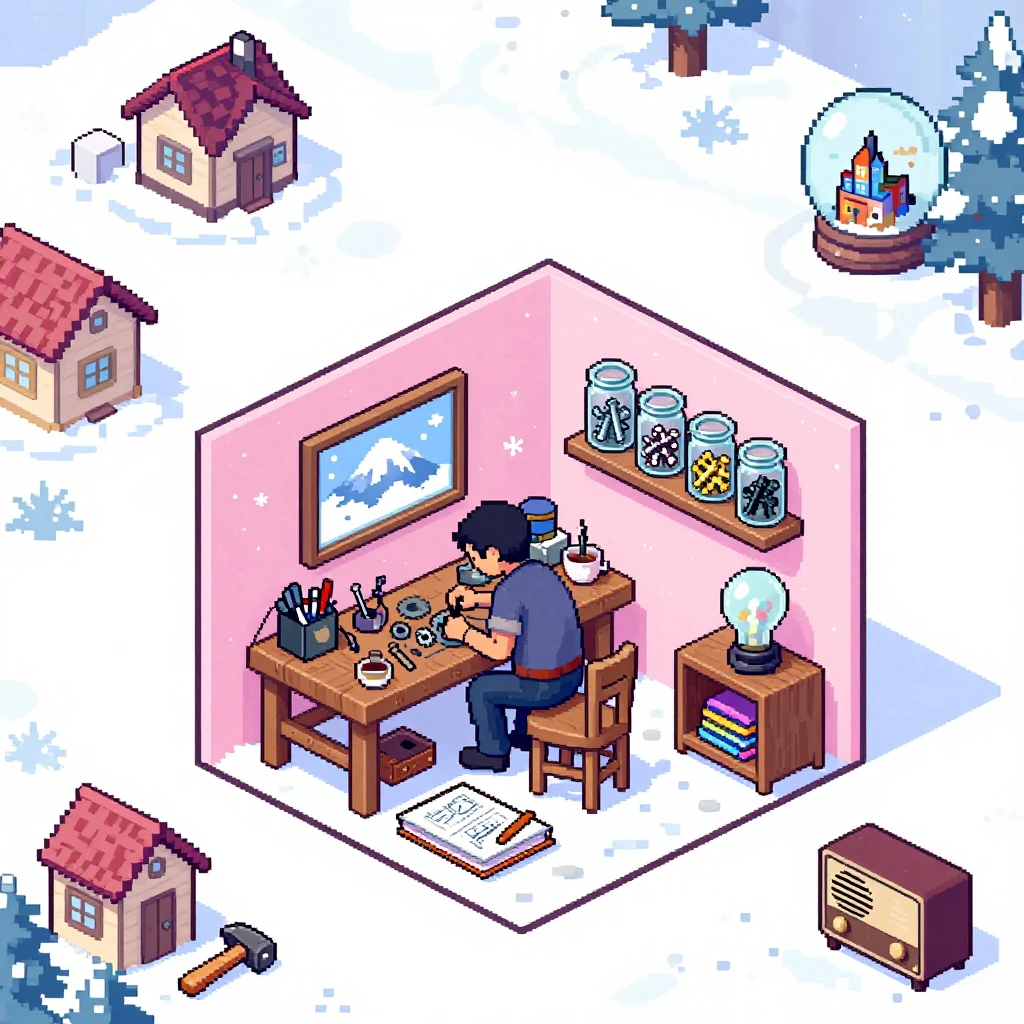 A snow globe village where a young inventor is building a contraption, overcast soft daylight, even gentle colors, model houses and a workbench