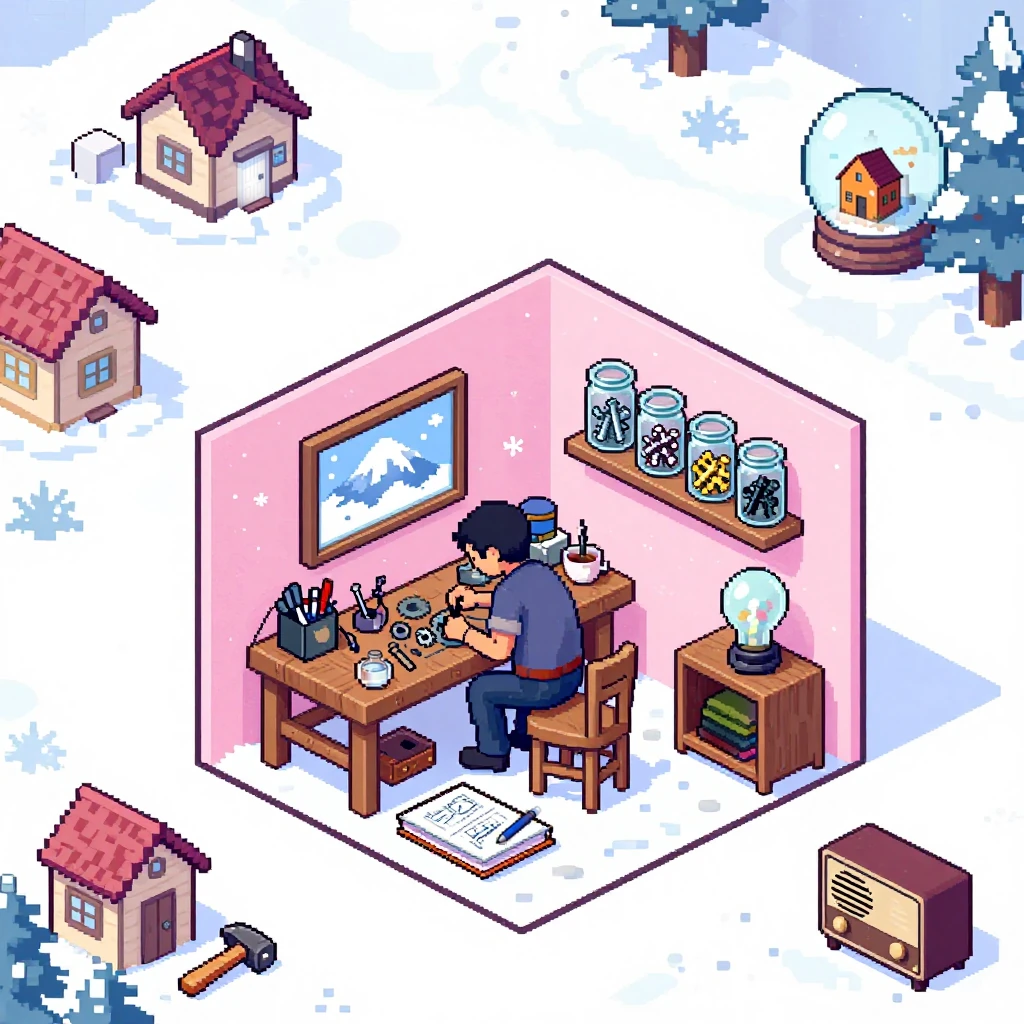 Image B of the puzzle: A snow globe village where a young inventor is building a contraption, overcast soft daylight, even gentle colors, model houses and a workbench