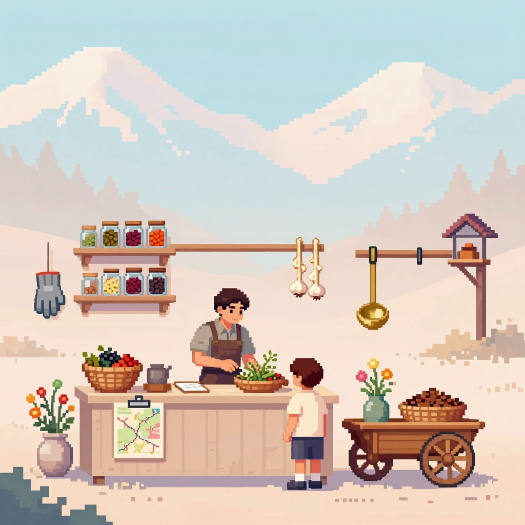 A spice stall in an Alpine village where a park ranger gives a lesson to a child, early morning pale blue and peach light