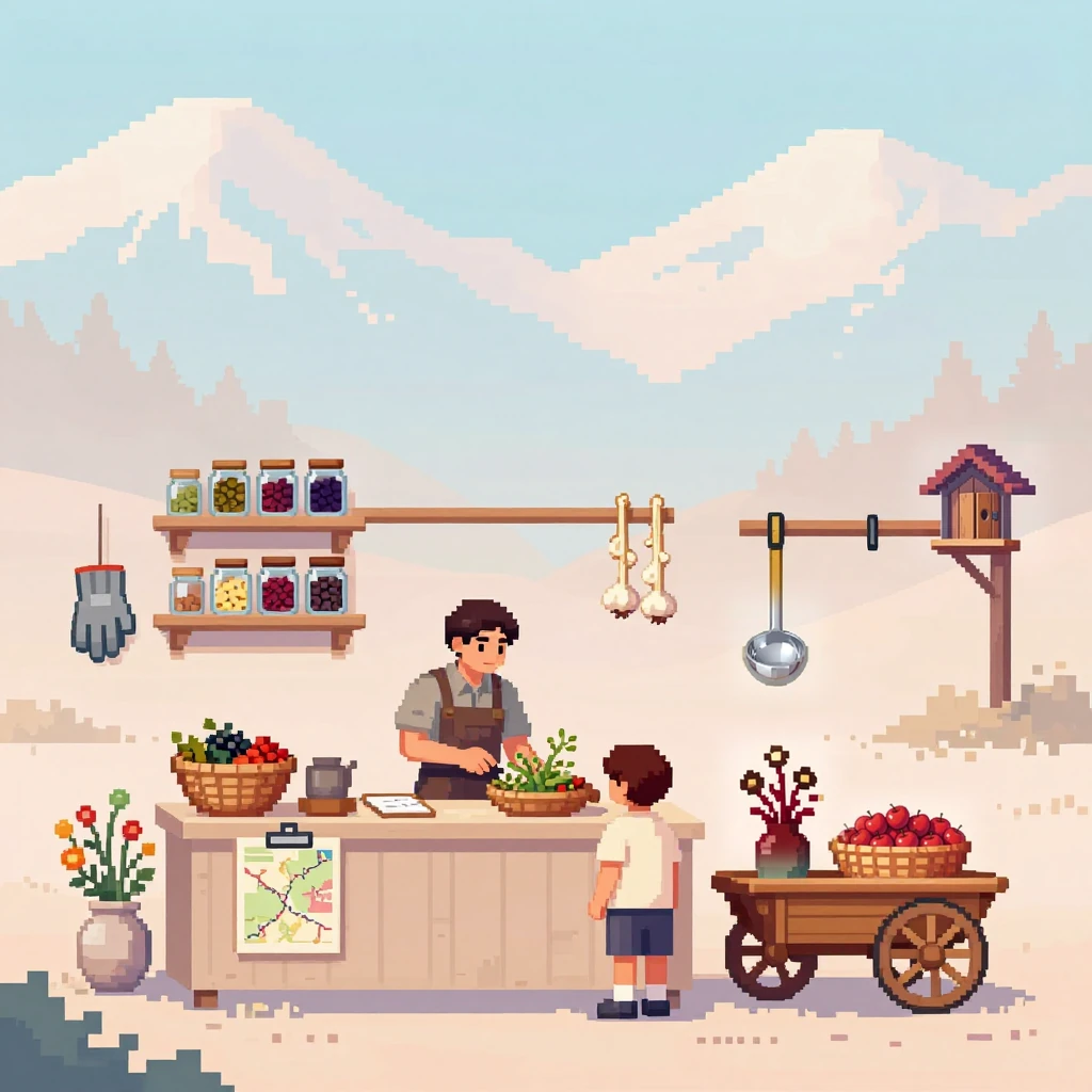 Image B of the puzzle: A spice stall in an Alpine village where a park ranger gives a lesson to a child, early morning pale blue and peach light