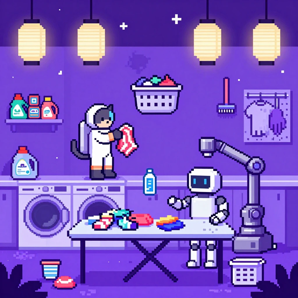 A zero-gravity laundry room where a pet brings back the wrong item during a festival night, festival night with paper lanterns, two animals, laundry items and paper lanterns