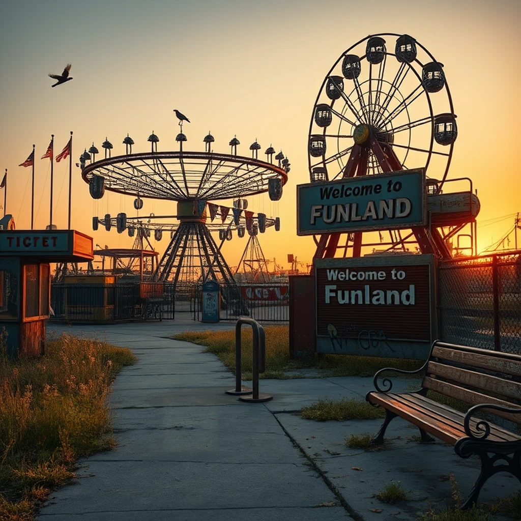 Image A of the puzzle: Abandoned 1920s amusement park ferris wheel at dusk