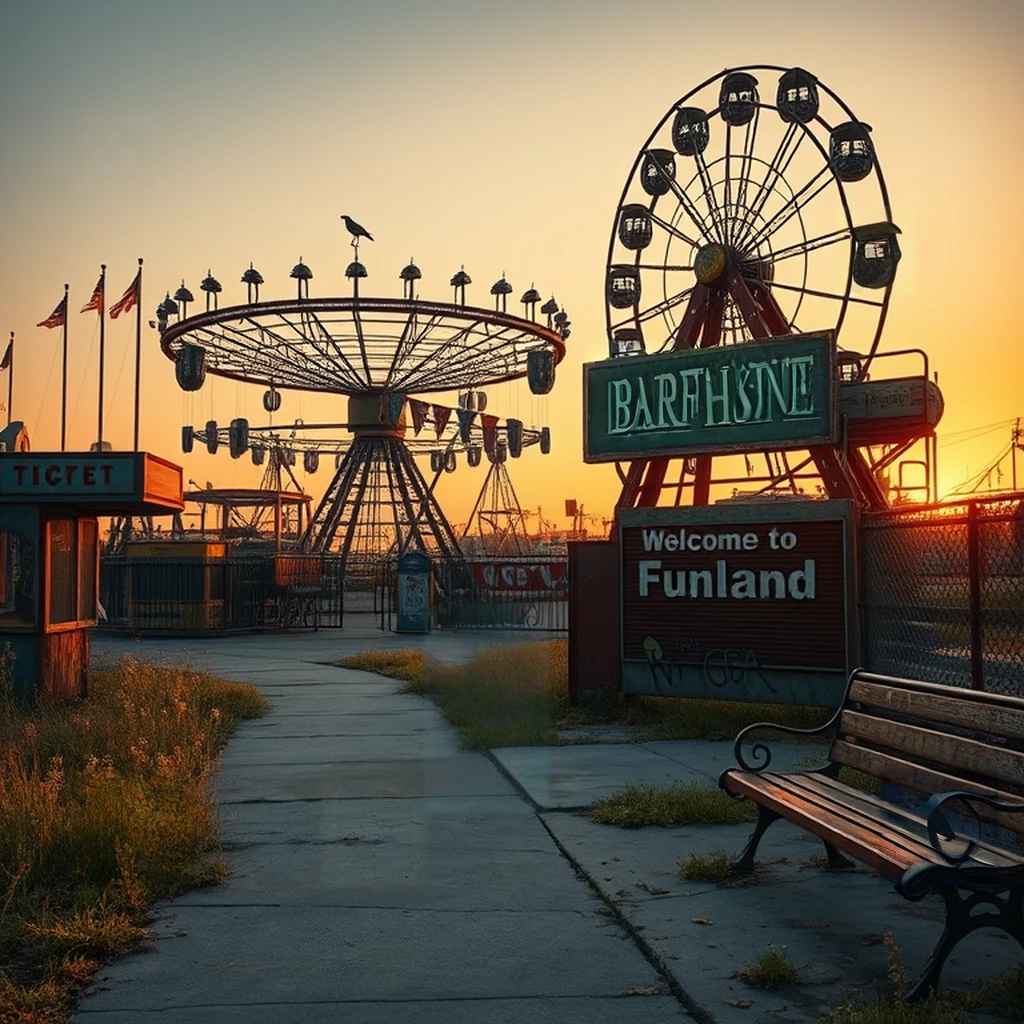 Image B of the puzzle: Abandoned 1920s amusement park ferris wheel at dusk