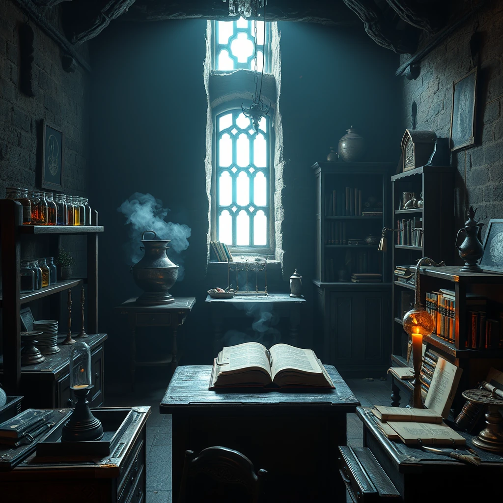 Image A of the puzzle: abandoned medieval alchemist tower study at dawn with brass alembics and glass vials on workbench