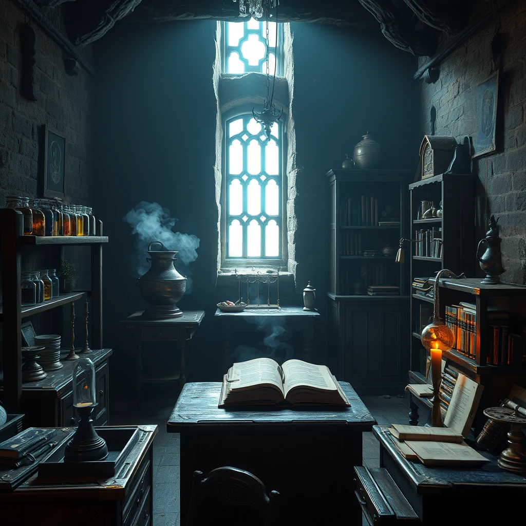 Image B of the puzzle: abandoned medieval alchemist tower study at dawn with brass alembics and glass vials on workbench