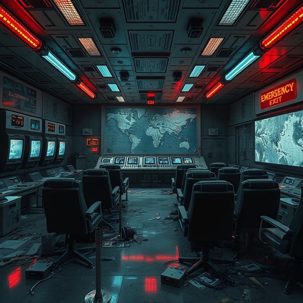 Image A of the puzzle: Abandoned Soviet space station control room with flickering CRT monitors