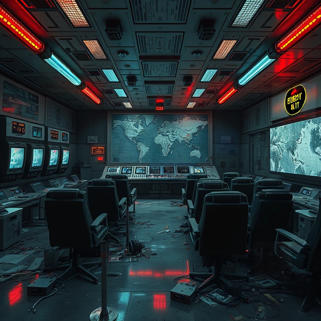 Image B of the puzzle: Abandoned Soviet space station control room with flickering CRT monitors