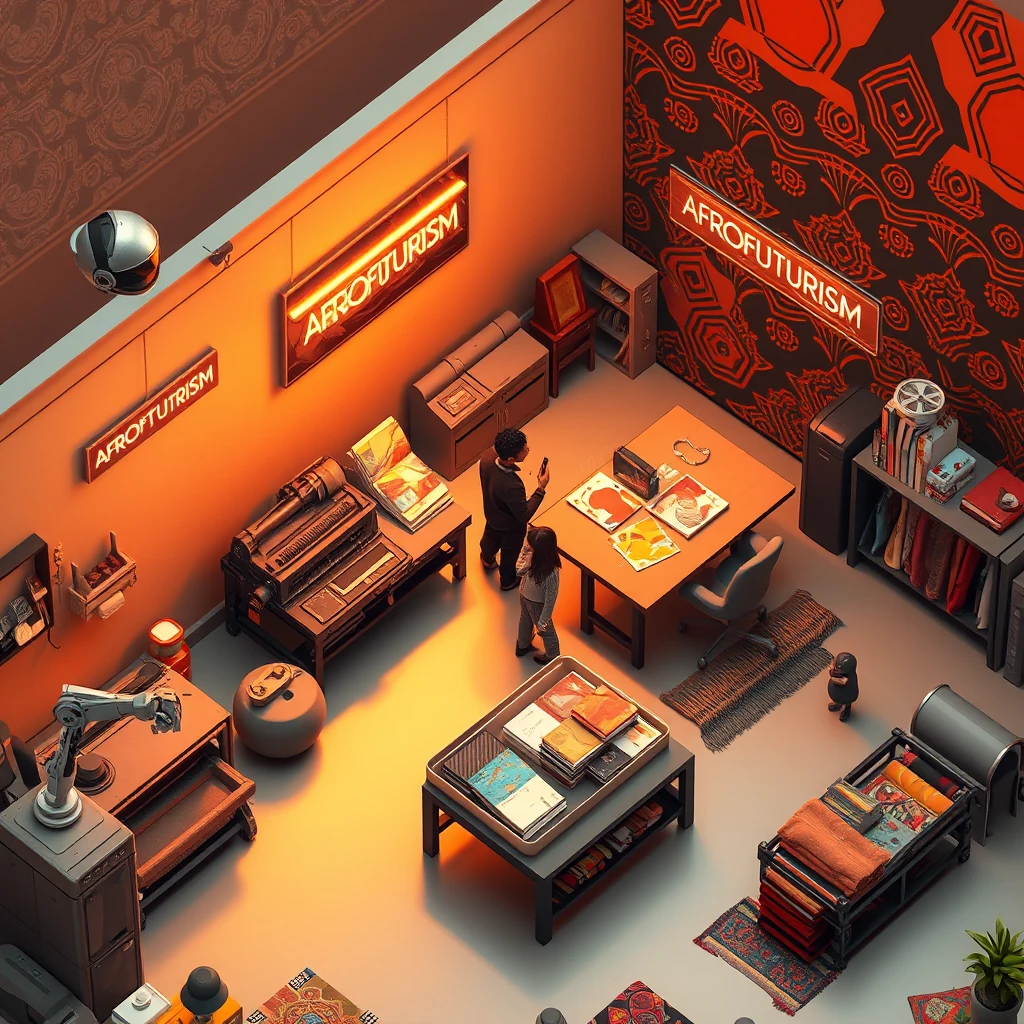 Image A of the puzzle: Afrofuturist textile printshop with vibrant patterns and tech