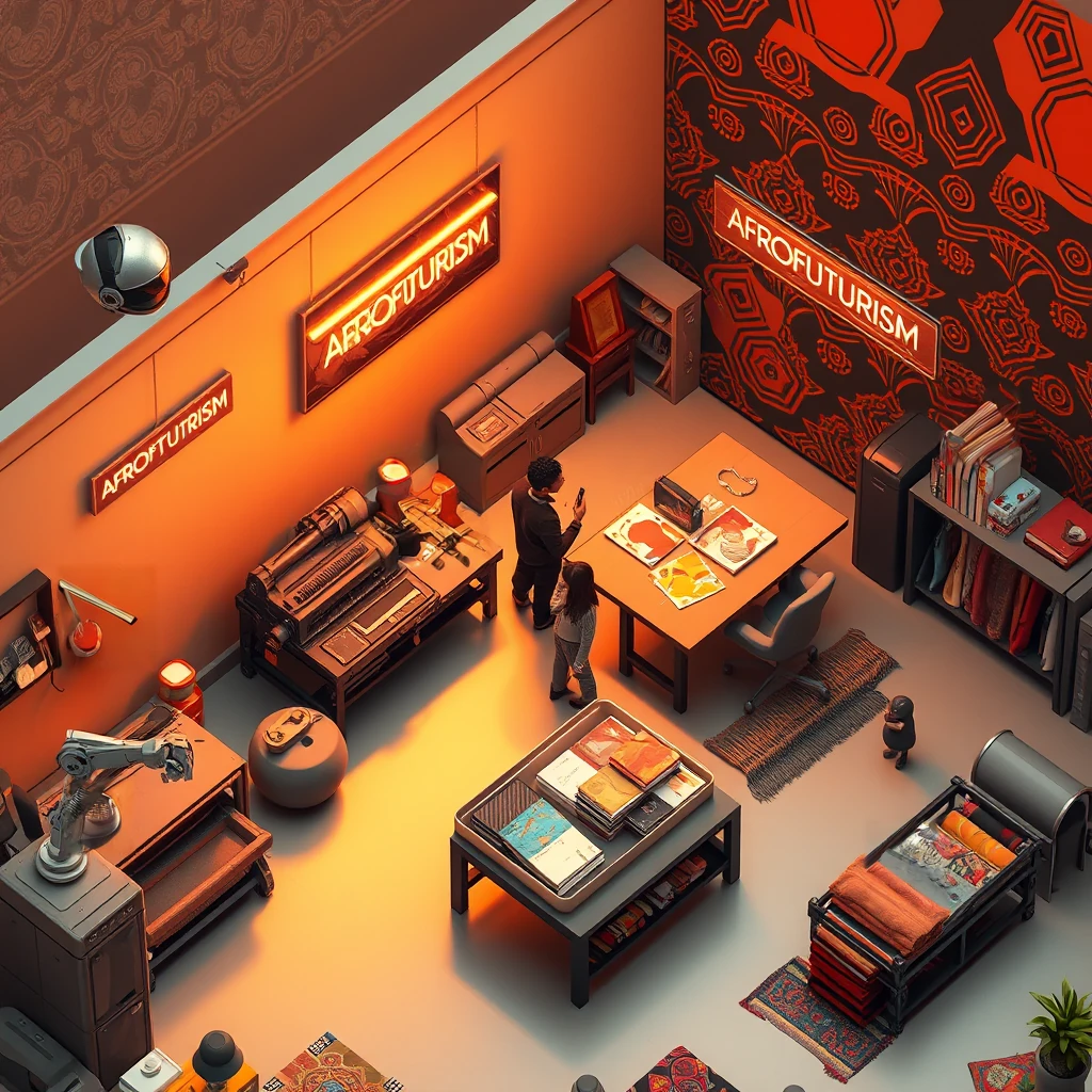 Image B of the puzzle: Afrofuturist textile printshop with vibrant patterns and tech