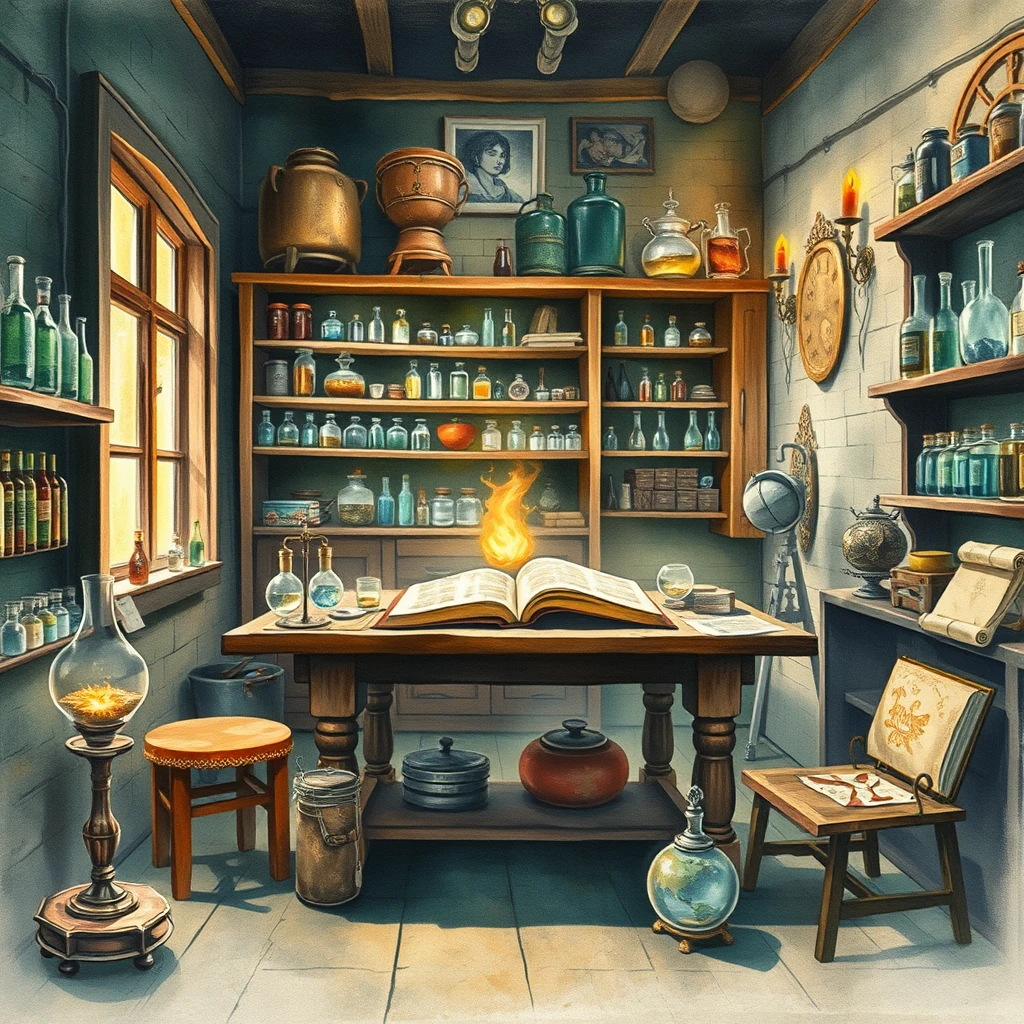 Image A of the puzzle: alchemy lab filled with colored glass vials and bubbling potions