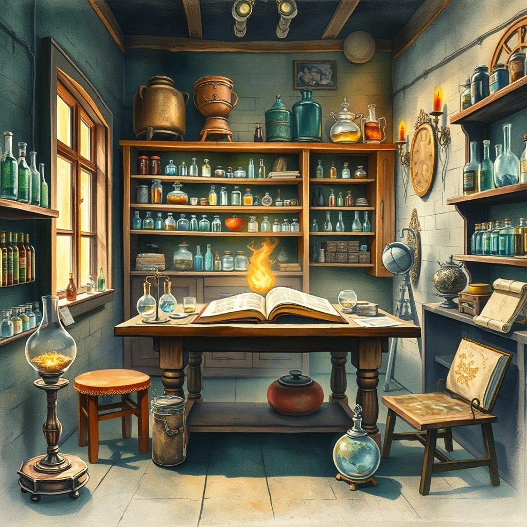 Image B of the puzzle: alchemy lab filled with colored glass vials and bubbling potions