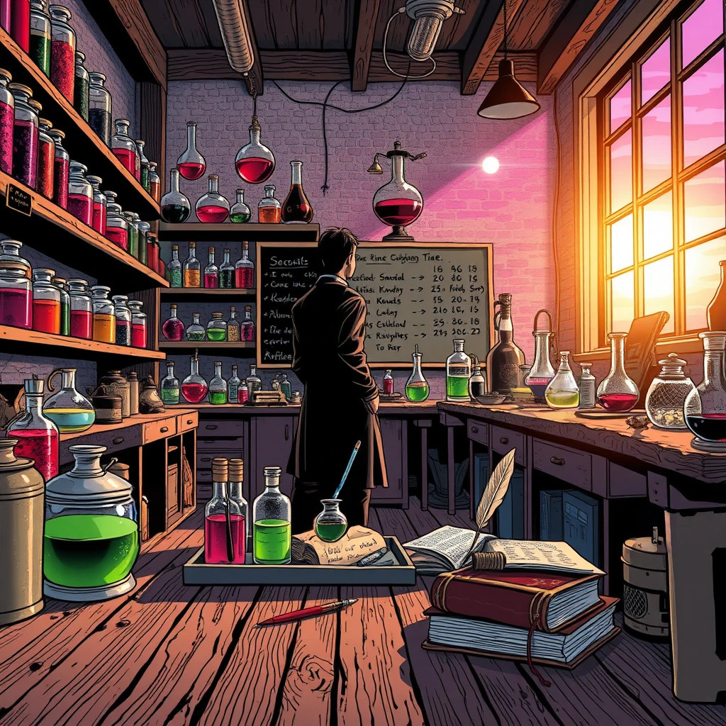 Image B of the puzzle: alchemy lab filled with colored glass vials and bubbling potions