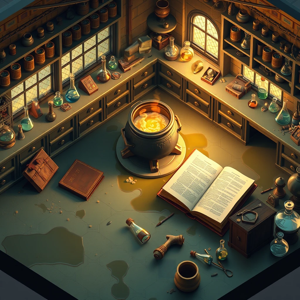 Image B of the puzzle: alchemy lab with bubbling potions in colored glass bottles