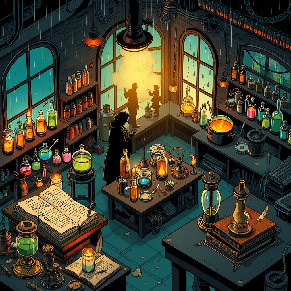 Image B of the puzzle: alchemy lab with colorful potions in glass bottles bubbling on heat