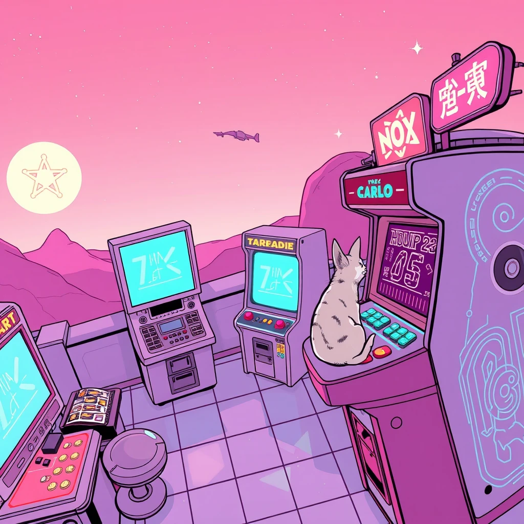 alien arcade on distant planet with holographic games and glowing coins