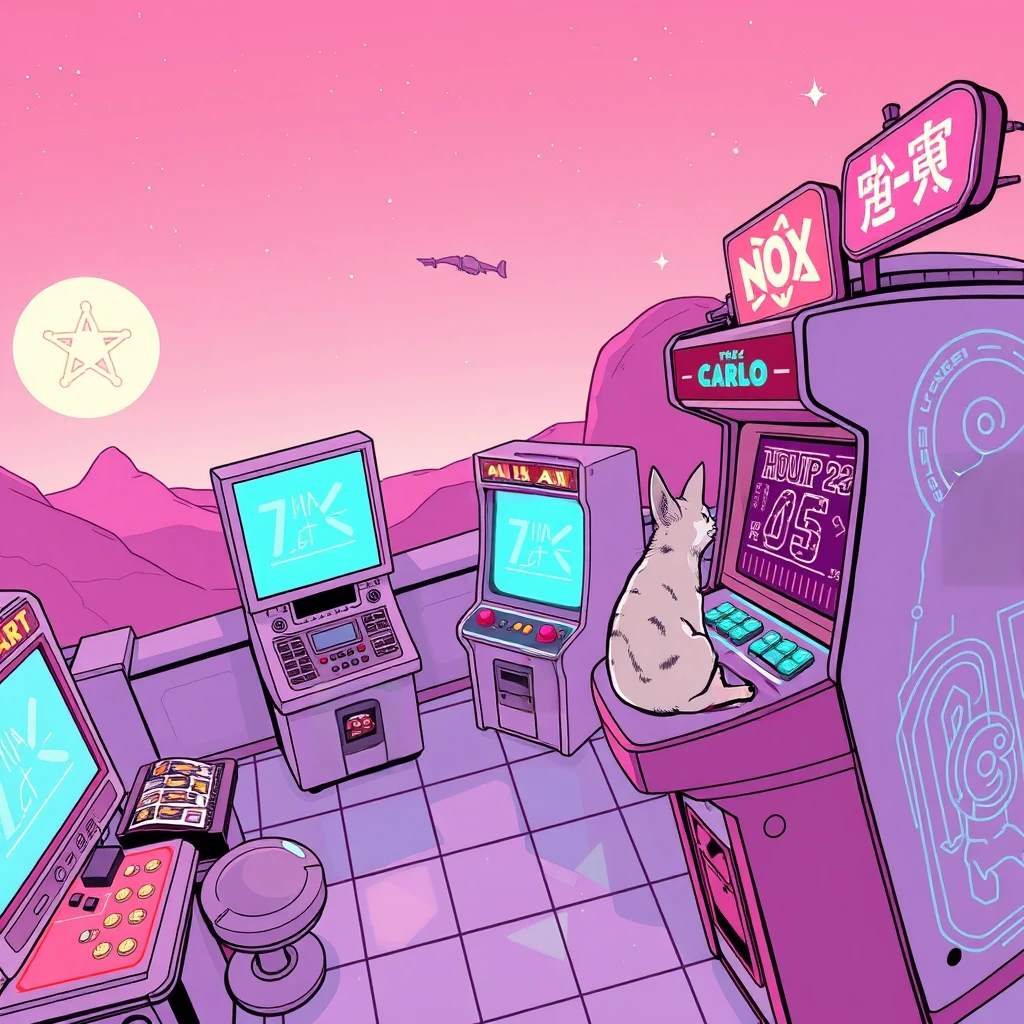 Image B of the puzzle: alien arcade on distant planet with holographic games and glowing coins