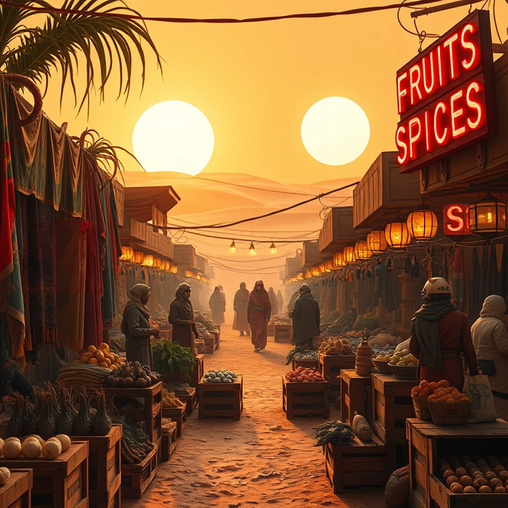 Image A of the puzzle: Alien desert bazaar marketplace with strange exotic produce under twin suns