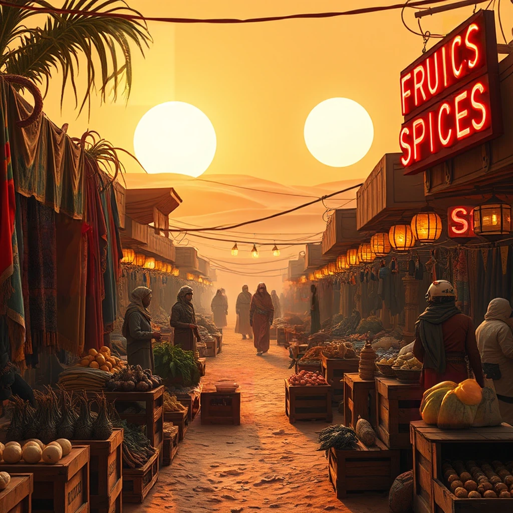 Image B of the puzzle: Alien desert bazaar marketplace with strange exotic produce under twin suns