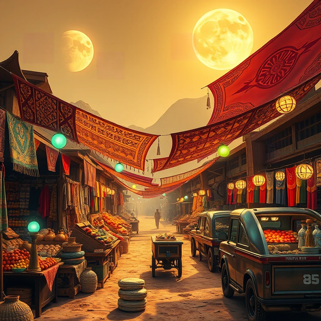 Image A of the puzzle: Alien desert bazaar marketplace with strange exotic produce under twin suns