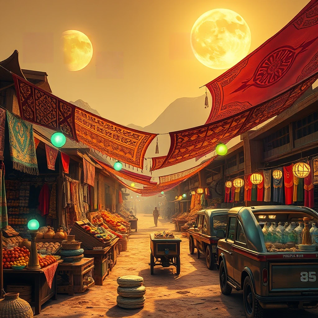 Image B of the puzzle: Alien desert bazaar marketplace with strange exotic produce under twin suns