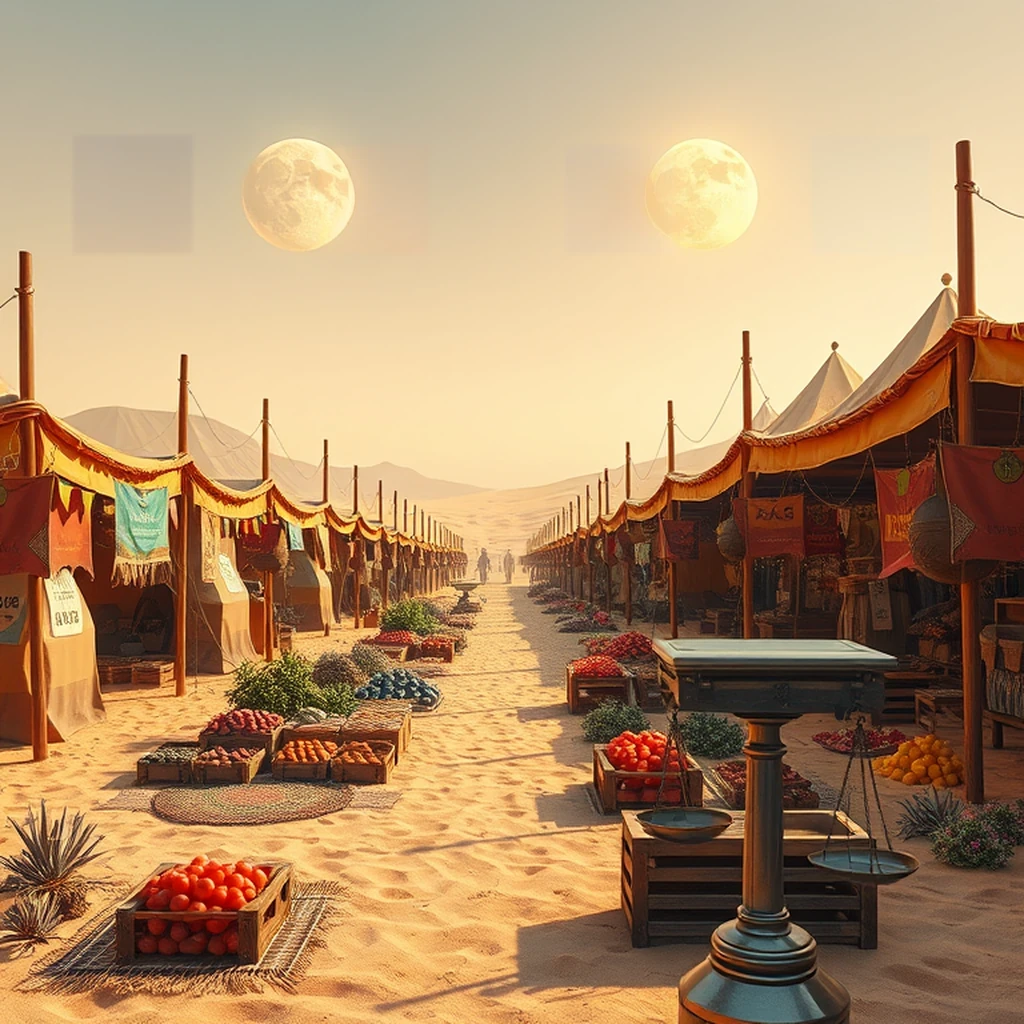 Image A of the puzzle: Alien desert bazaar marketplace with strange exotic produce under twin suns
