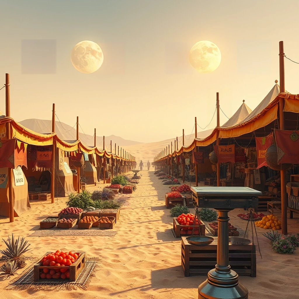 Image B of the puzzle: Alien desert bazaar marketplace with strange exotic produce under twin suns