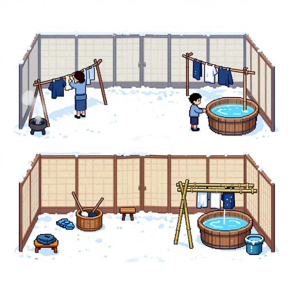 An Edo-period Japanese laundry room with a drying rack, laundry blew off the line in a clear winter morning after fresh snowfall, white and cool blue, rice paper screens and wooden tubs