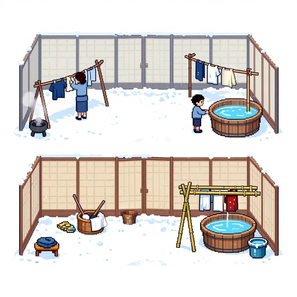 Image B of the puzzle: An Edo-period Japanese laundry room with a drying rack, laundry blew off the line in a clear winter morning after fresh snowfall, white and cool blue, rice paper screens and wooden tubs