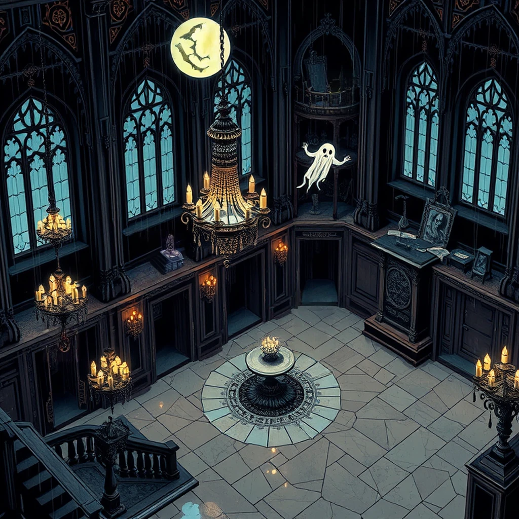Image B of the puzzle: ancient cursed castle ballroom with shattered chandeliers and ghostly apparitions