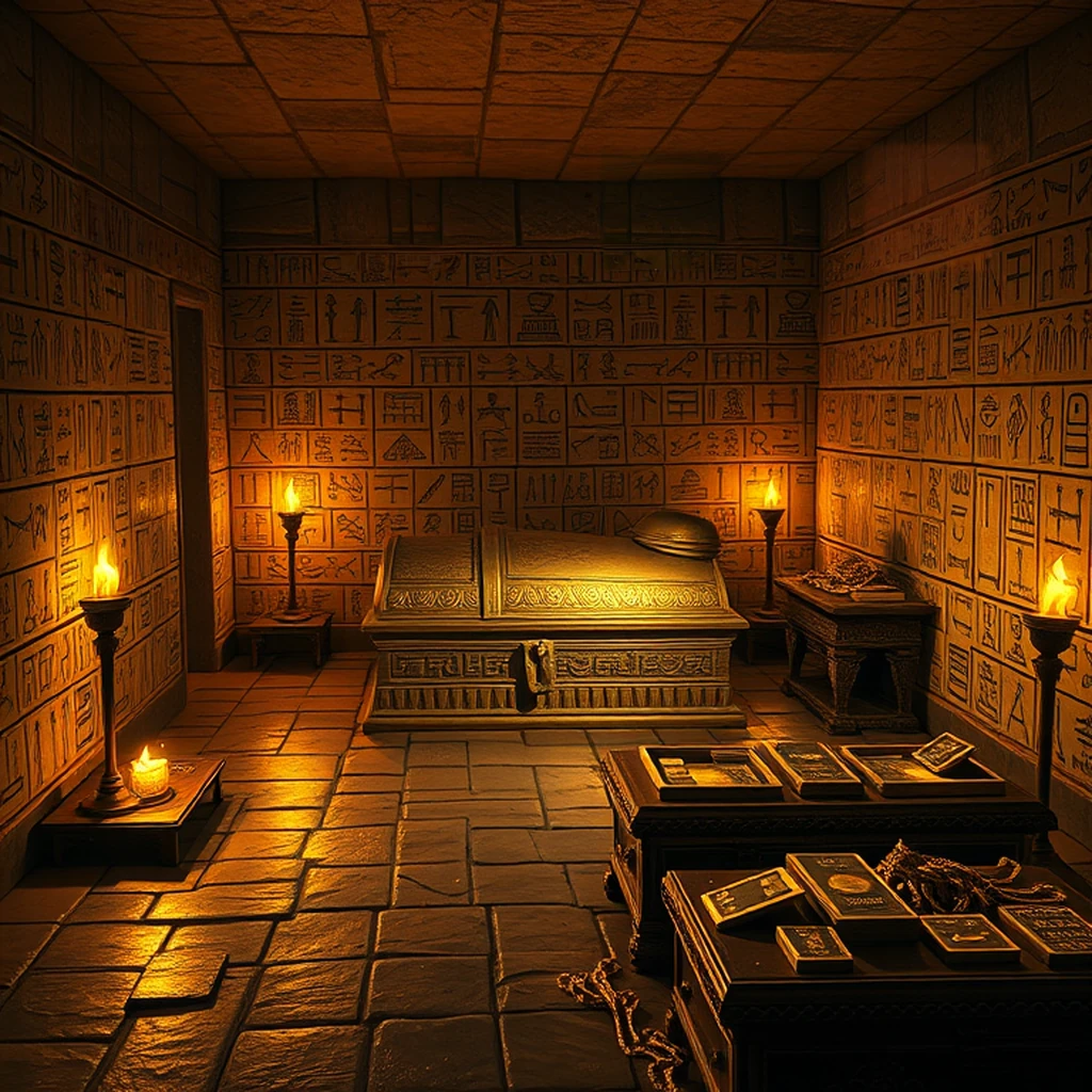 Image A of the puzzle: Ancient Egyptian tomb chamber with hieroglyph walls and golden treasures