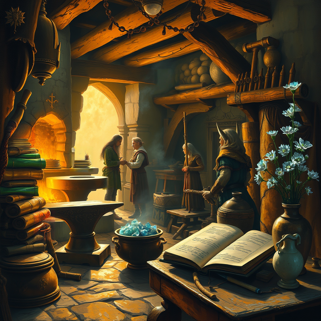 Image B of the puzzle: ancient elven smithy with molten gold and enchanted hammers