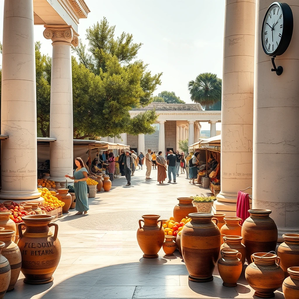 Image A of the puzzle: Ancient Greek agora marketplace with marble columns amphorae and merchants