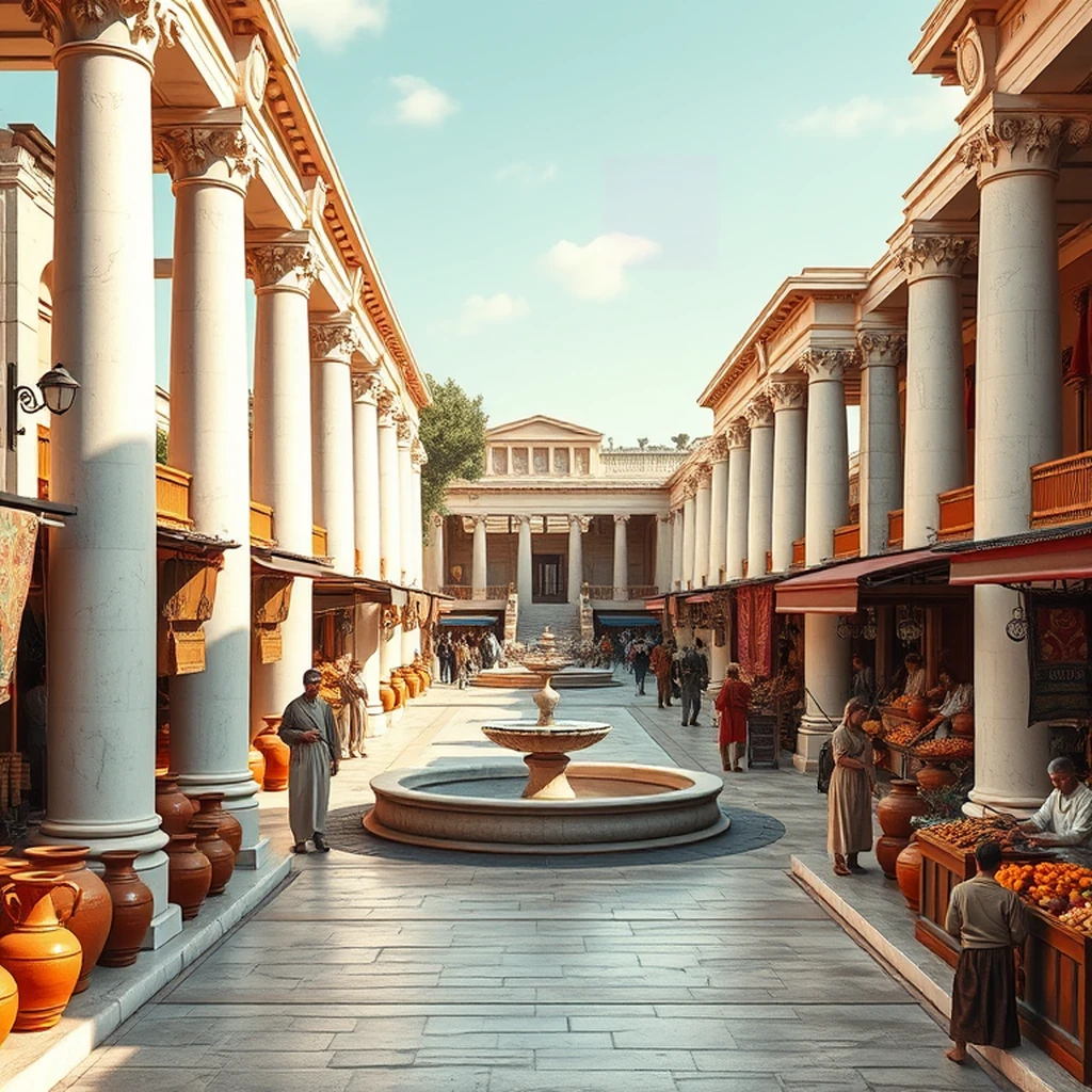 Image A of the puzzle: Ancient Greek agora marketplace with marble columns amphorae and merchants