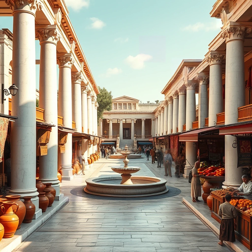 Image B of the puzzle: Ancient Greek agora marketplace with marble columns amphorae and merchants