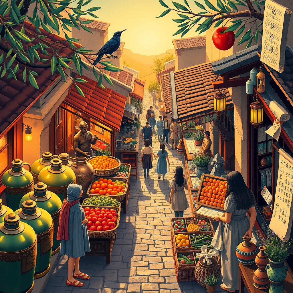 Image A of the puzzle: ancient greek marketplace with bronze statues and shimmering olive oil jars