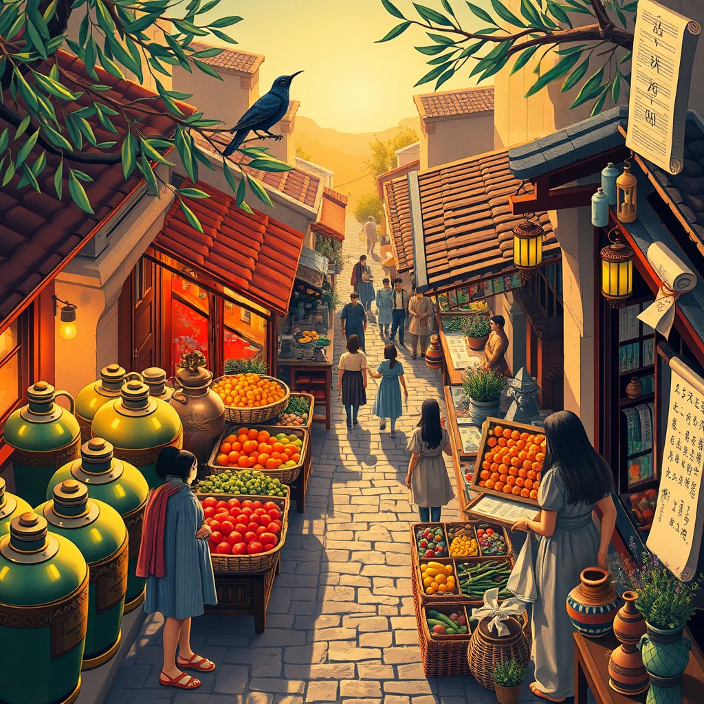 Image B of the puzzle: ancient greek marketplace with bronze statues and shimmering olive oil jars