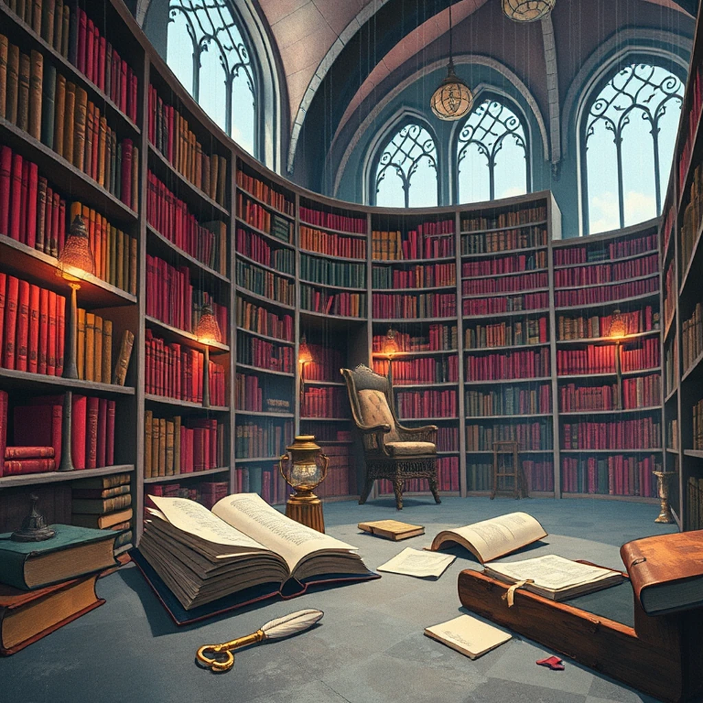 Image A of the puzzle: ancient library of arcane tomes surrounded by towering bookshelves