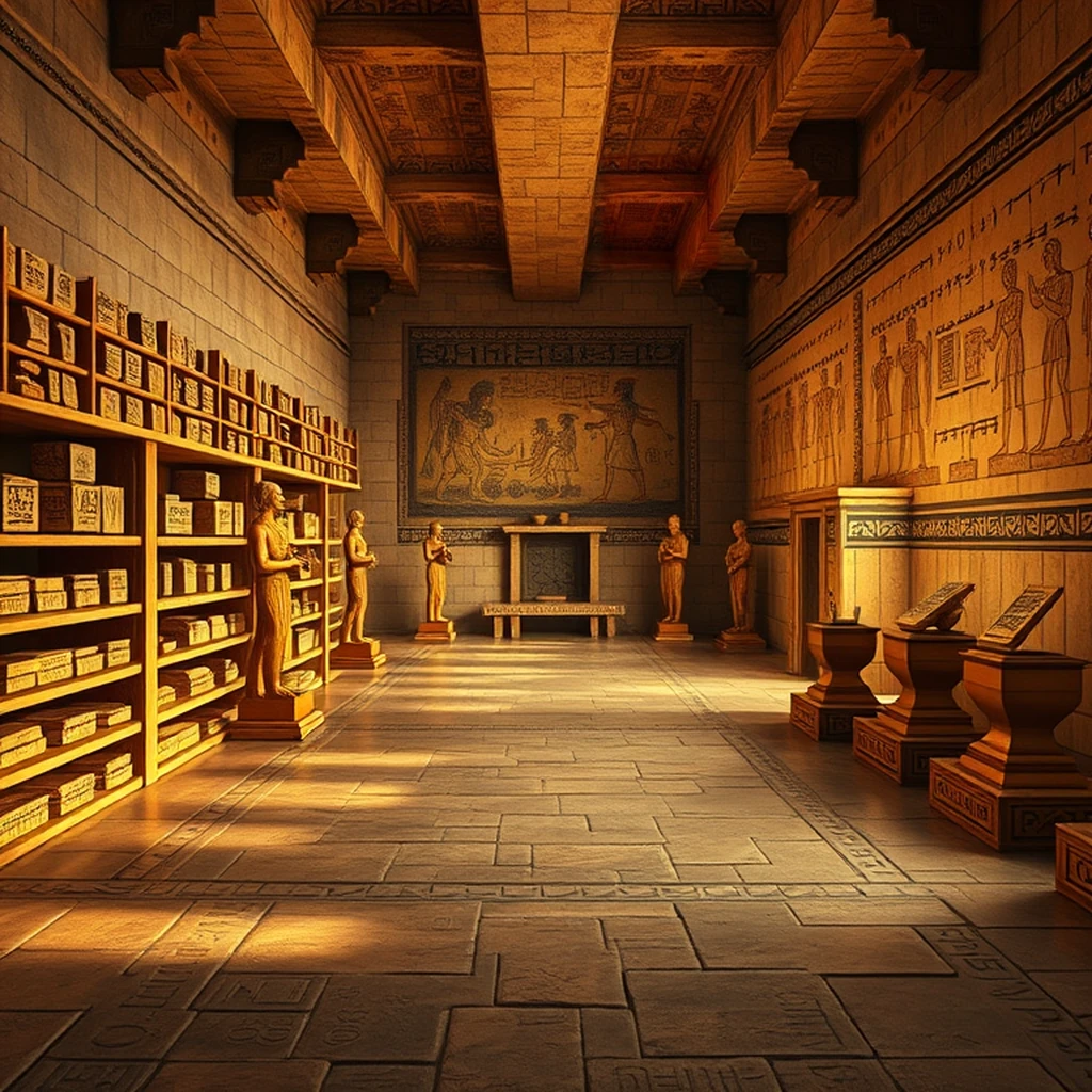 Image A of the puzzle: Ancient Mesopotamian ziggurat temple chamber with cuneiform clay tablets