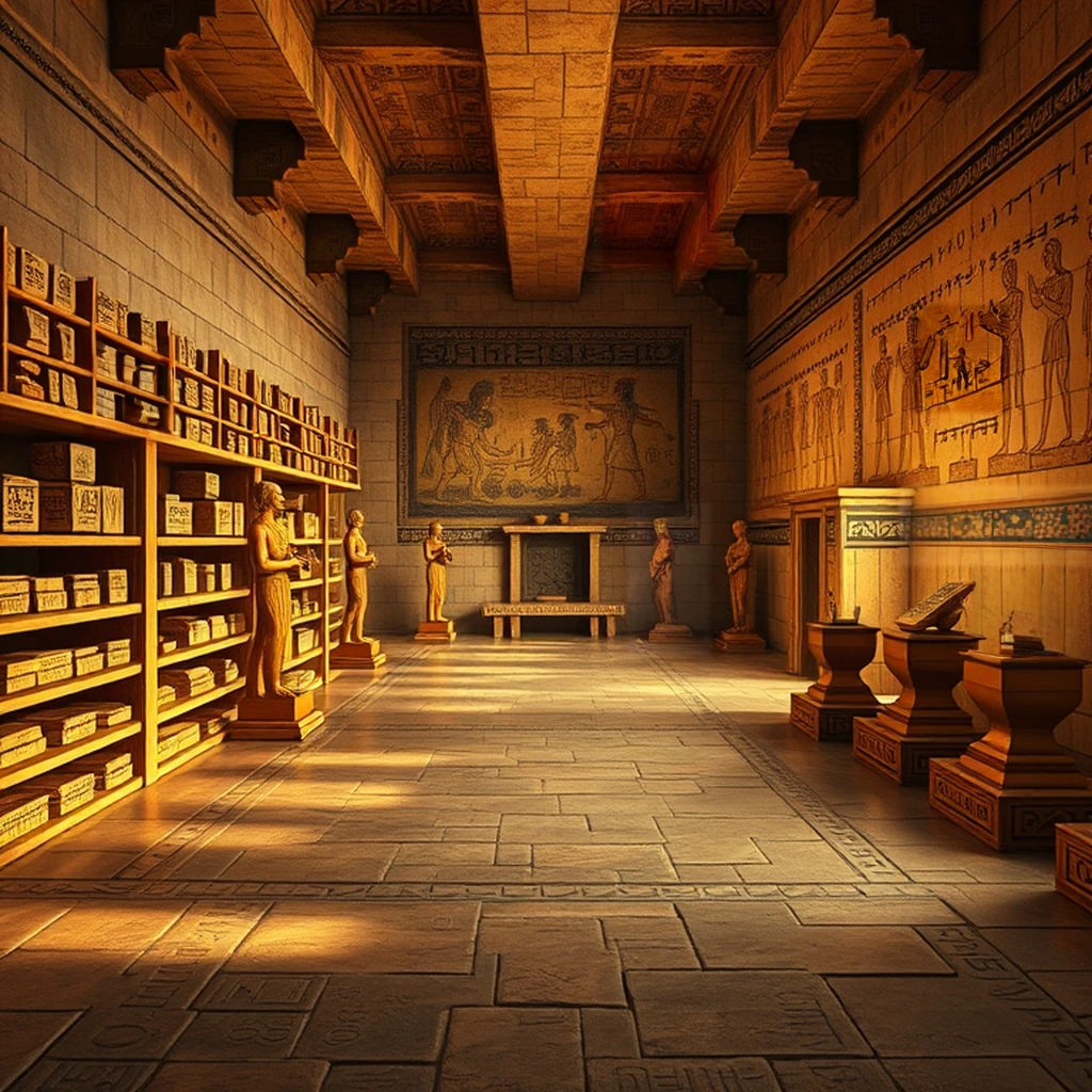 Image B of the puzzle: Ancient Mesopotamian ziggurat temple chamber with cuneiform clay tablets