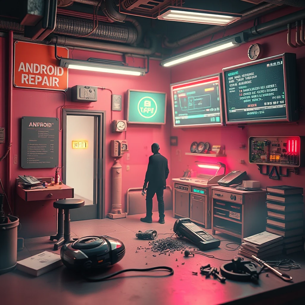 Image B of the puzzle: android repair shop in a futuristic city with mechanical parts and diagnostics tools