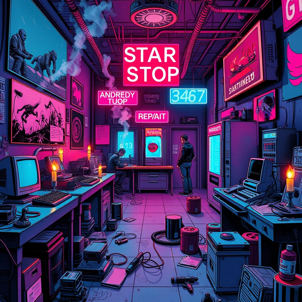 Image B of the puzzle: android repair shop in a retro-future city with sparking circuits and neon signs