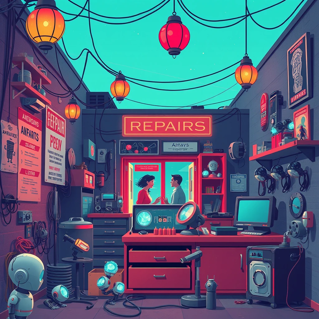 android repair shop in neon-lit alley with sparking circuits and crystal components