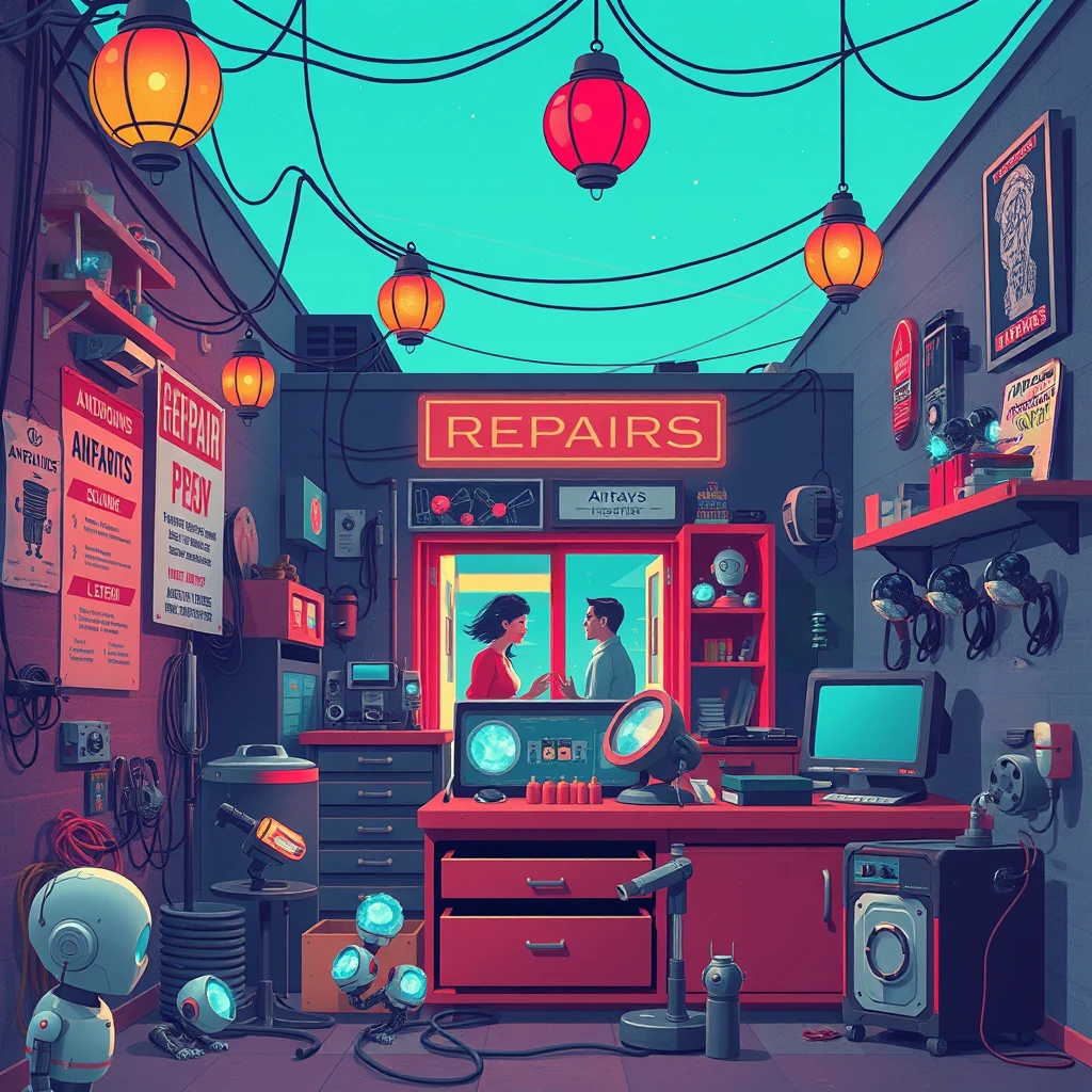 Image B of the puzzle: android repair shop in neon-lit alley with sparking circuits and crystal components