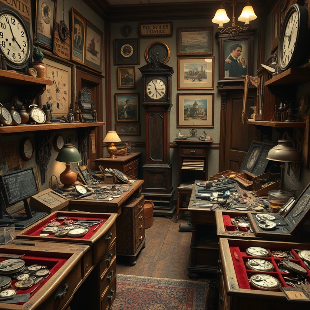 Image A of the puzzle: Antique clock repair workshop with disassembled pocket watches and gears on velvet