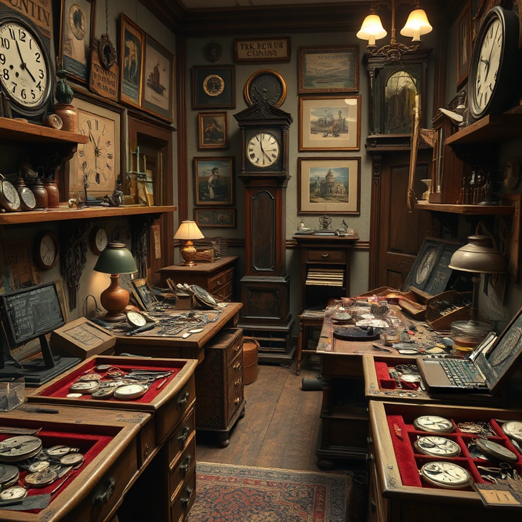Image B of the puzzle: Antique clock repair workshop with disassembled pocket watches and gears on velvet