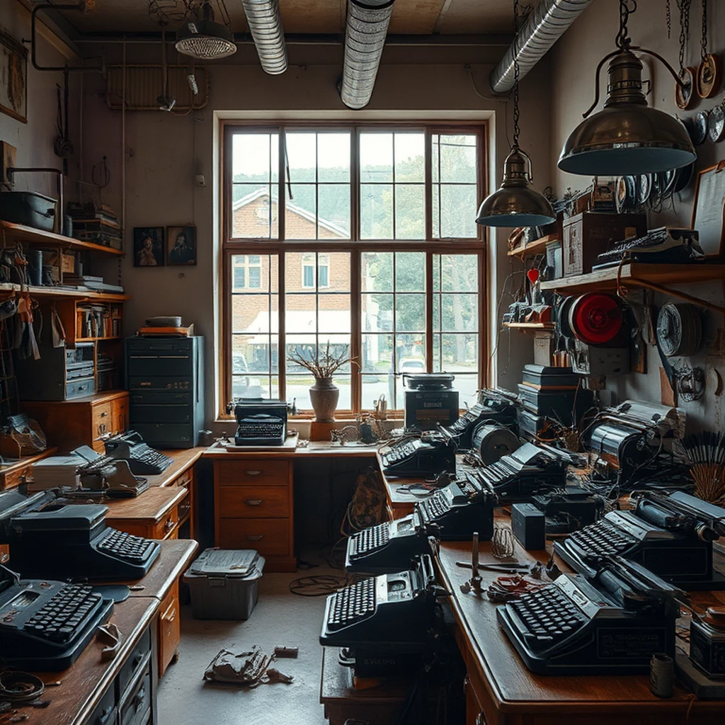 Image A of the puzzle: Antique typewriter repair workshop with ribbons and brass parts