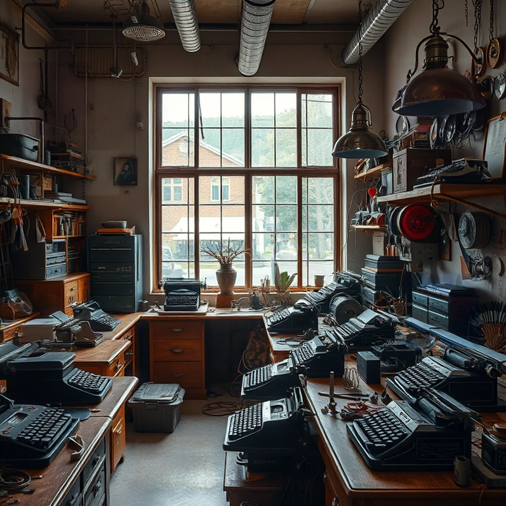Image B of the puzzle: Antique typewriter repair workshop with ribbons and brass parts